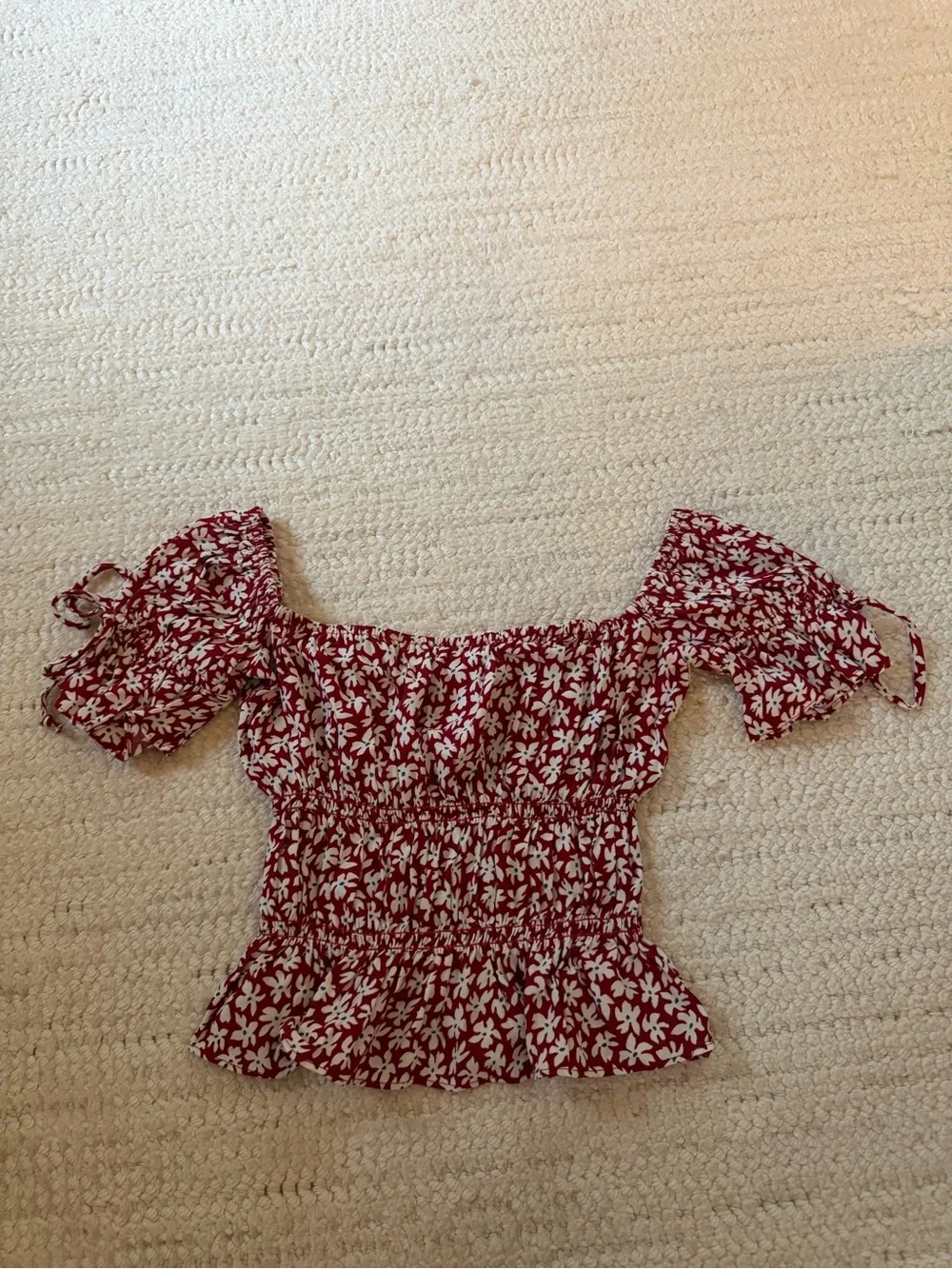 Reformation Red Floral Smocked Square-Neck Top